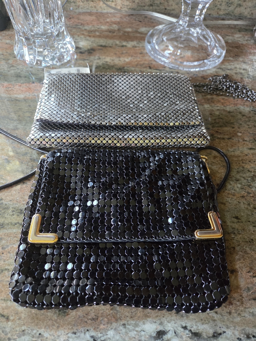 2 Metal Mesh Bags- Black And Pewter